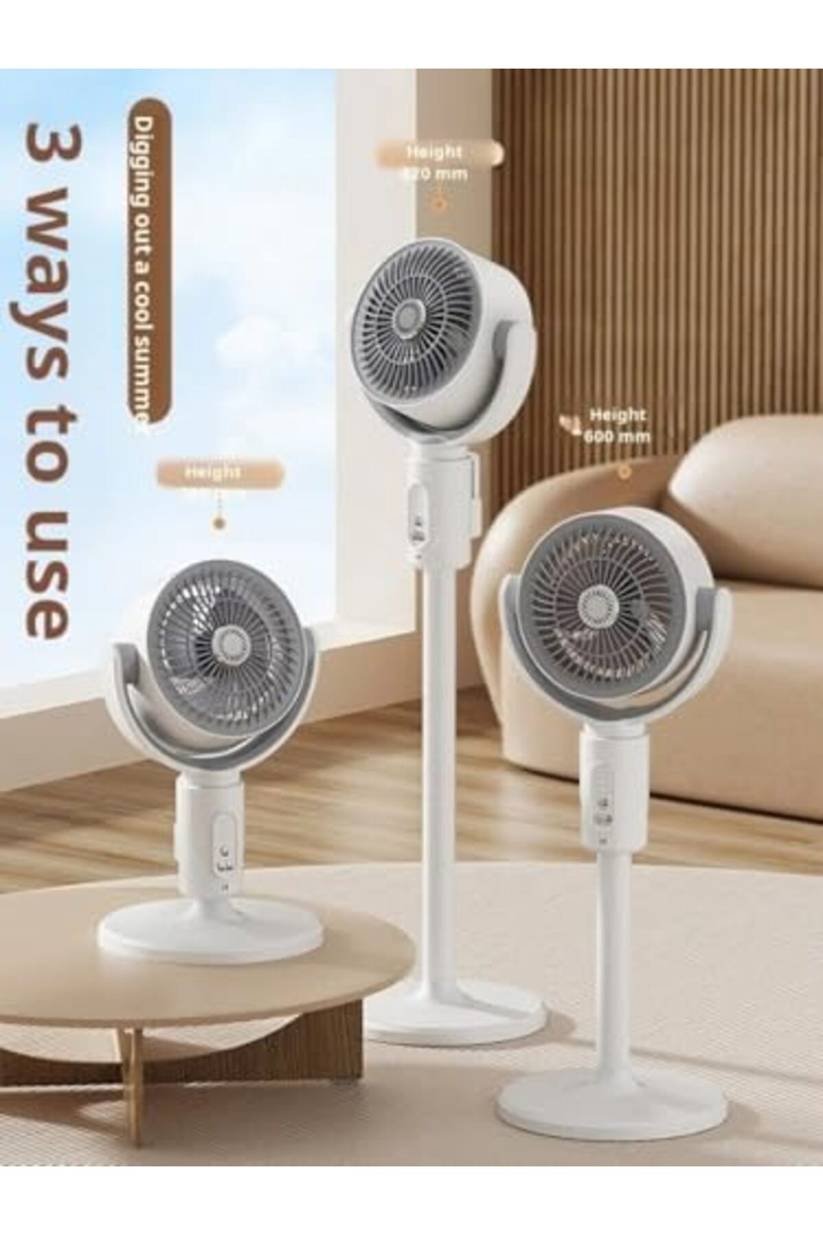 Generic-Rechargeable Fan with 90°+360° Rotation: Adjustable 3-Height Floor Fan with 5-Speed Quiet Air Circ 4