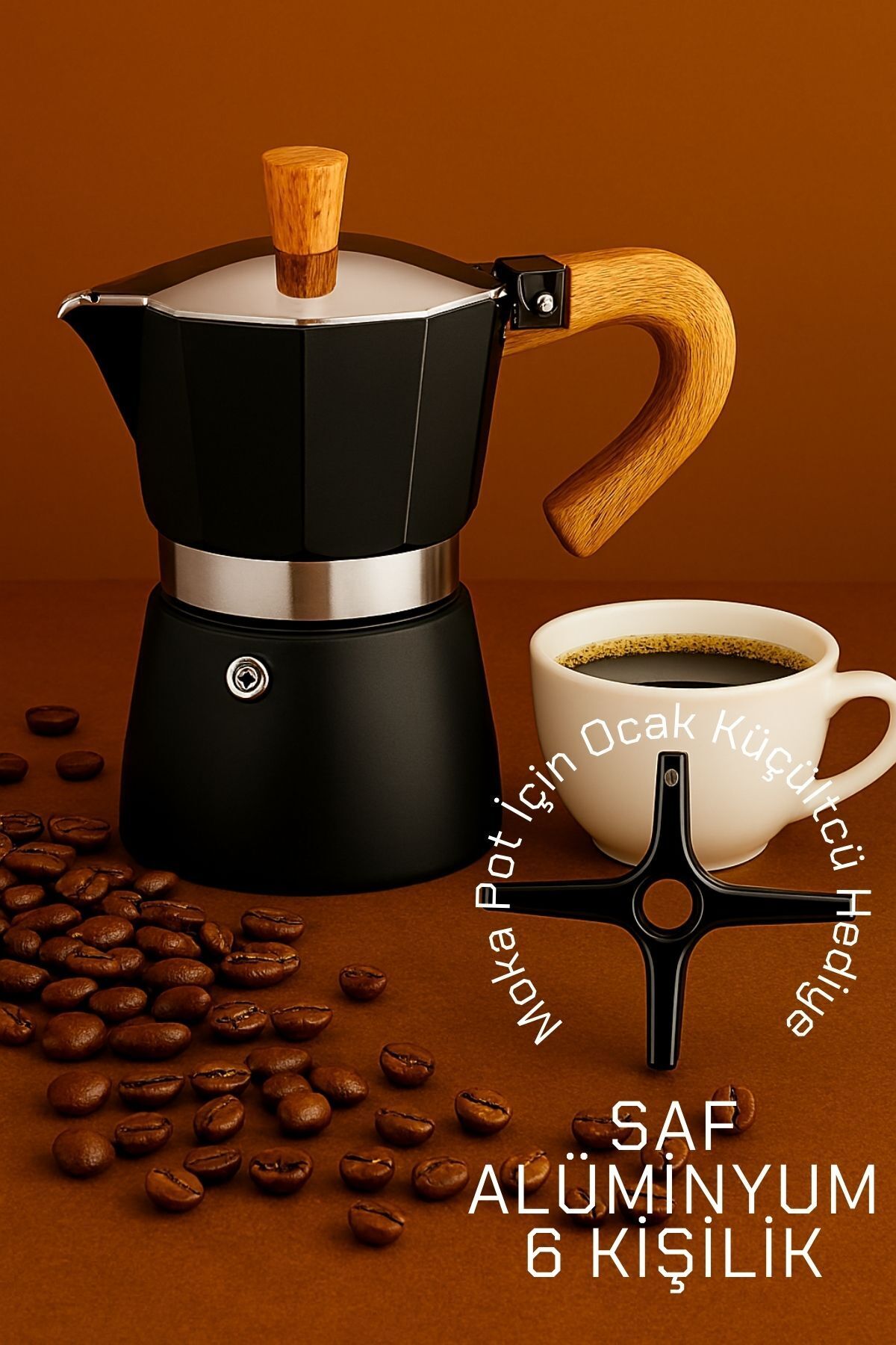 Transformacion Italyan Moka Pot - 6061 Saf Alüminyum Ahşap Saplı - 6 kişilik SİYAH 722067