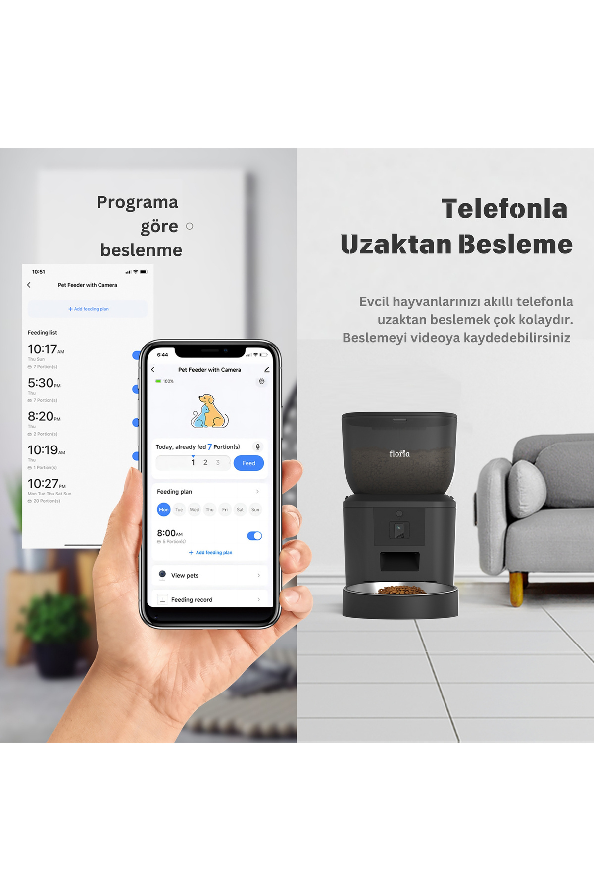 Floria Akıllı Kedi Köpek Otomatik Mama Kabı, 4L Hazne, Metal Kase, Uzaktan Sesli ve Kamera Kontrollü fotoğrafı 4 (önizleme)