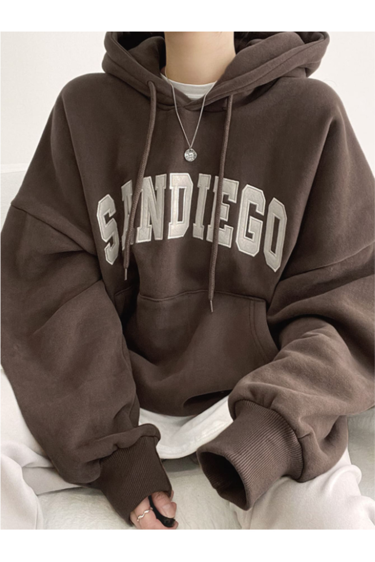 Unisex Erkek/Kadın SANDIEGO Renkli Özel Baskılı Pamuklu Oversize Kapüşonlu Sweatshirt — قهوه‌ای SANDIEGO-REVASSER- — تصویر 3 از 5