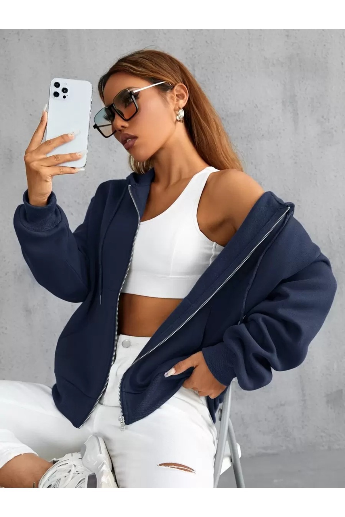 trendypassion  Unisex Lacivert Fermuar Kapüşonlu Sweatshirt - Görsel 3