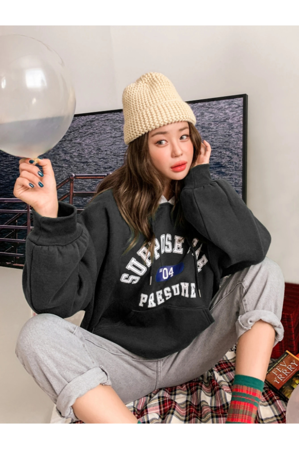 Revasser Unisex Erkek/Kadın SUPPOSE Kapüşonlar Gri Renkli Özel Baskılı Pamuklu Oversize Kapüşonlu Sweatshirt görsel 3