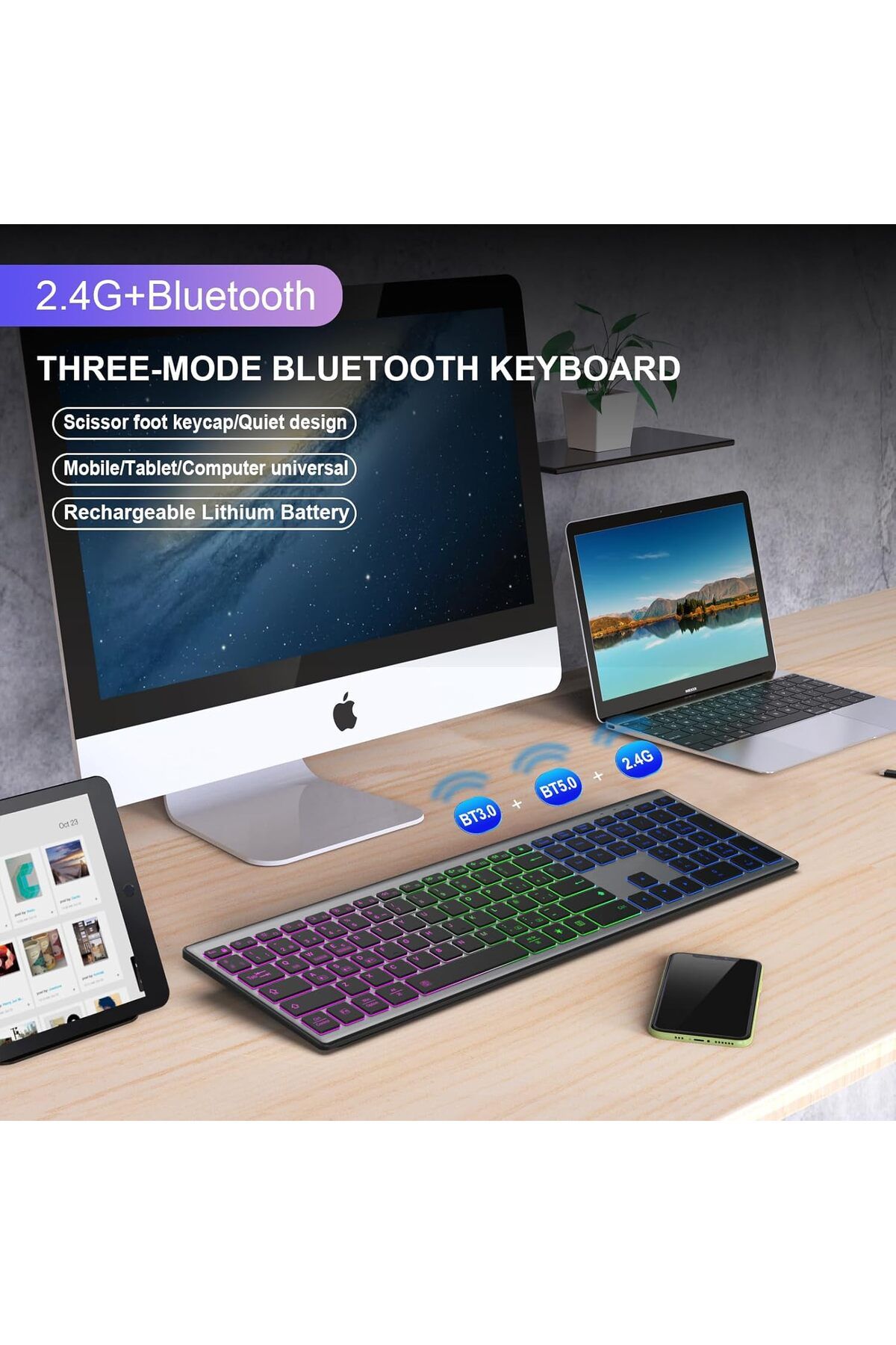ZIENSTAR--Full Size Wireless Bluetooth Keyboard Rechargeable, Multi-Device Silent Click, RGB Backligh 5