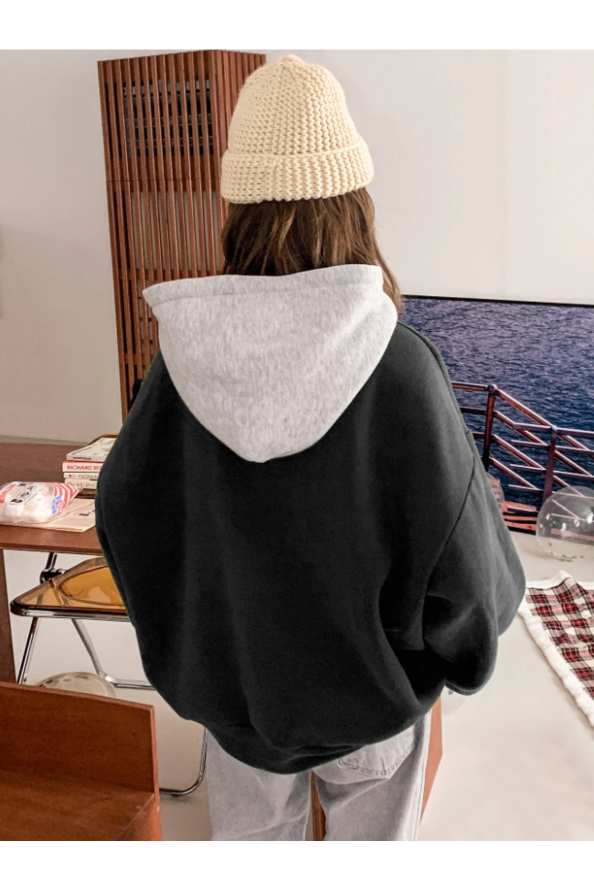 Revasser Unisex Erkek/Kadın SUPPOSE Kapüşonlar Gri Renkli Özel Baskılı Pamuklu Oversize Kapüşonlu Sweatshirt görsel 2