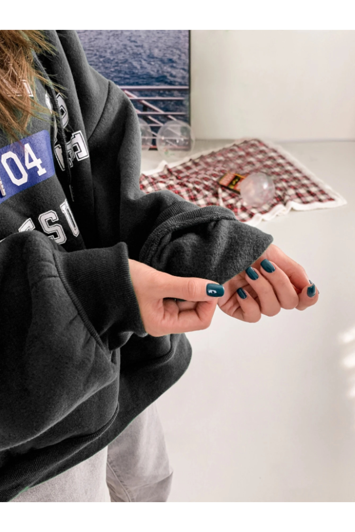 Revasser Unisex Erkek/Kadın SUPPOSE Kapüşonlar Gri Renkli Özel Baskılı Pamuklu Oversize Kapüşonlu Sweatshirt görsel 5