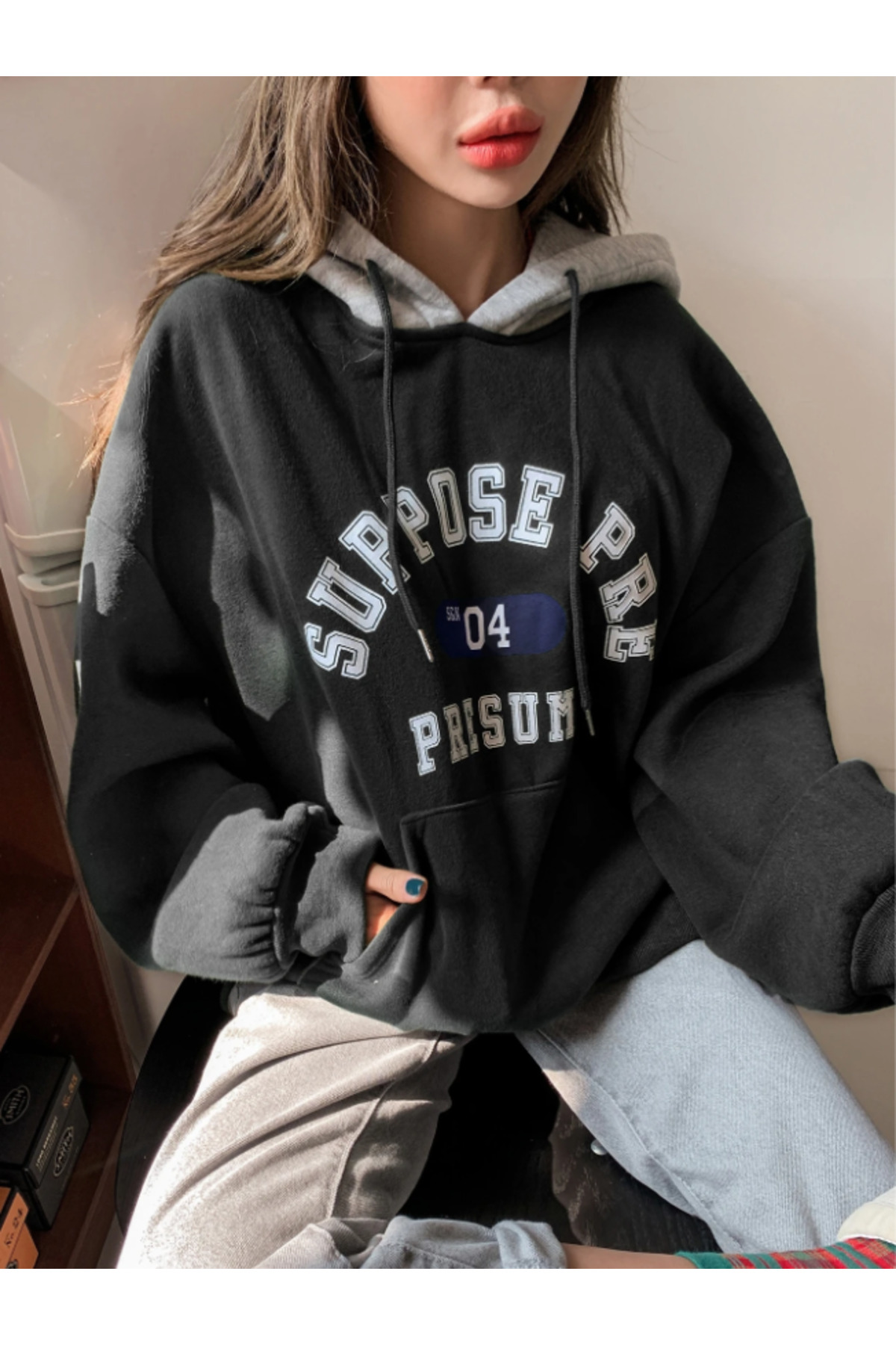 Revasser Unisex Erkek/Kadın SUPPOSE Kapüşonlar Gri Renkli Özel Baskılı Pamuklu Oversize Kapüşonlu Sweatshirt