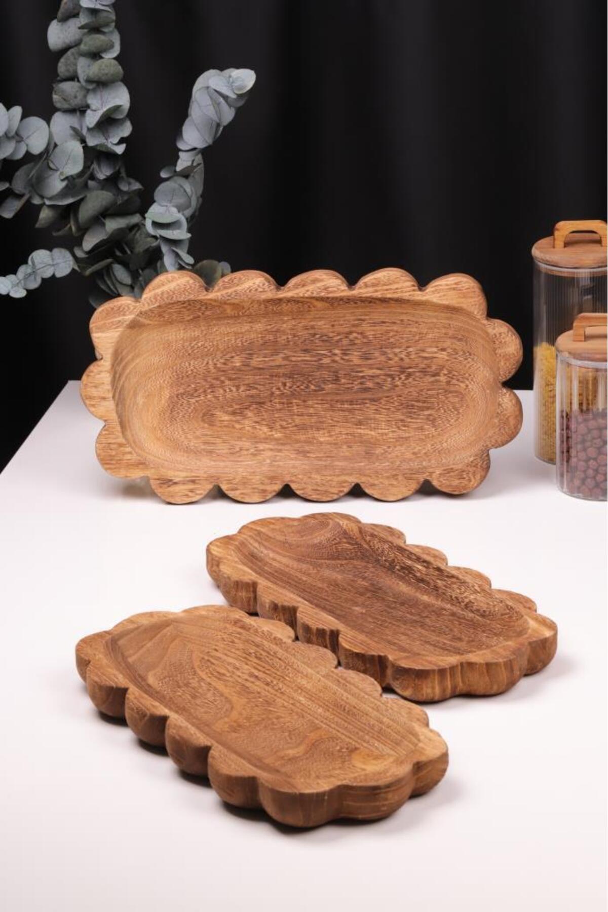 Bambum-3 Piece Pavlonya Noir Wavy Edge Wooden Presentation Set – Round and Rectangular Footed Service t 2
