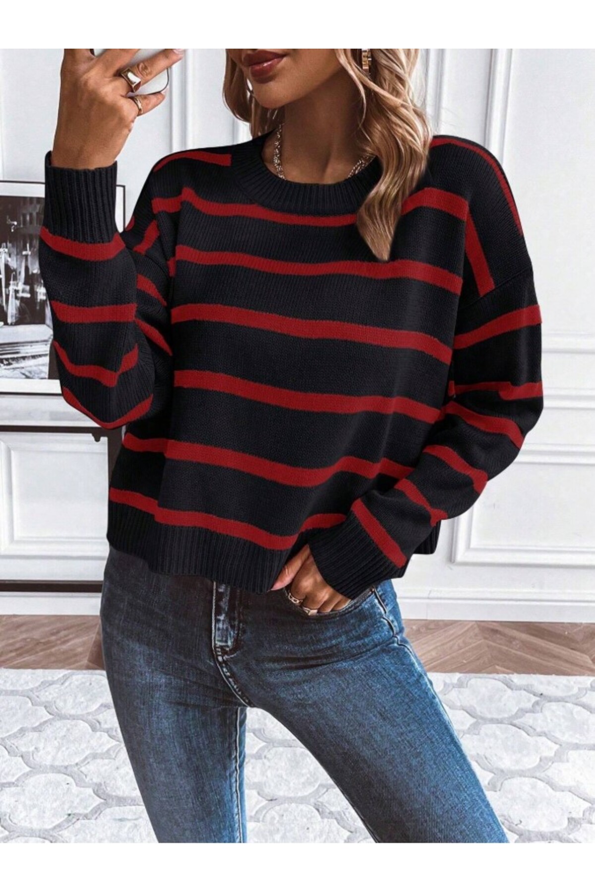 Women's single plate white striped knitwear sweater, Striped Sweater fmoda1500