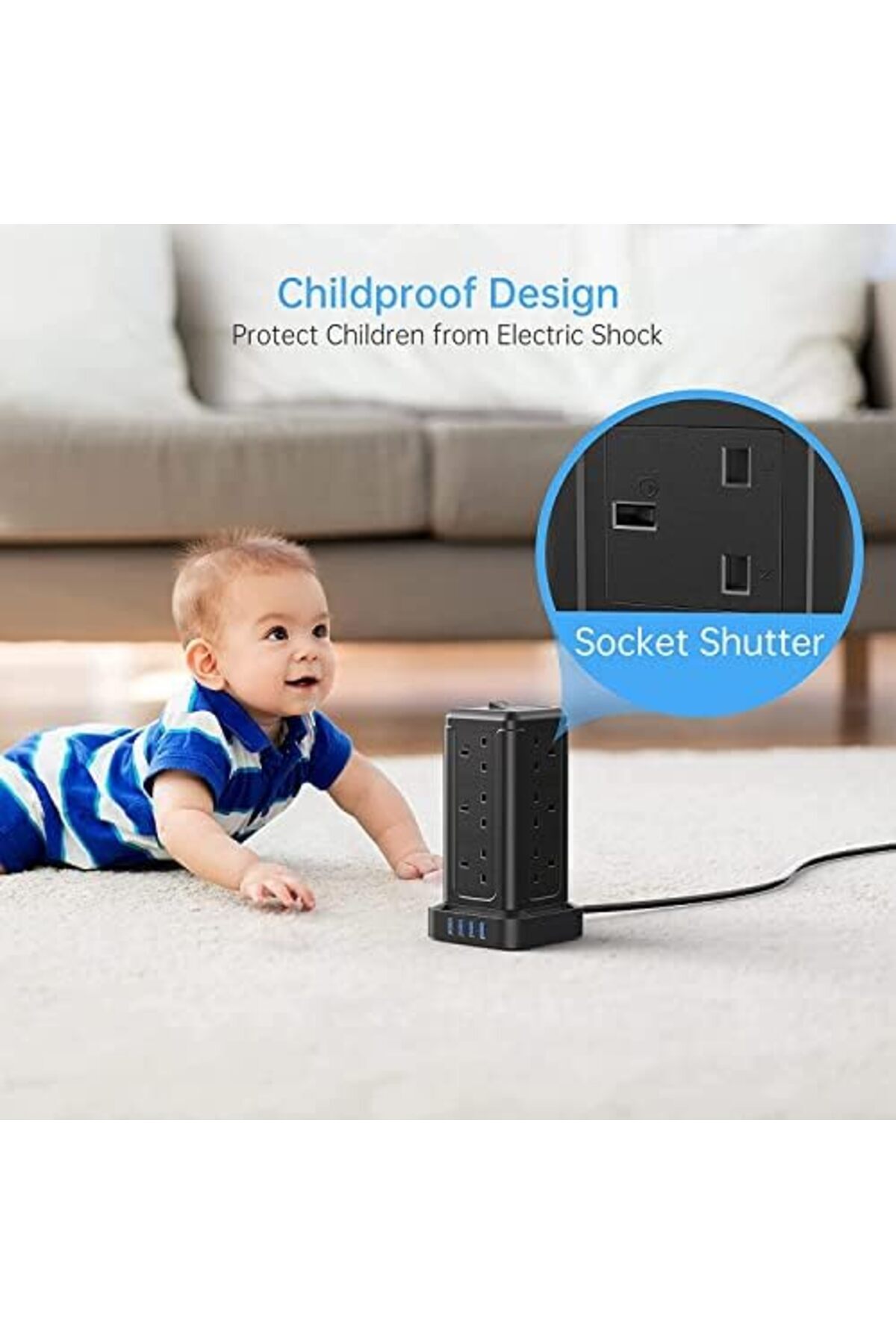 BEPITECH-Power Extension Cord Tower, 12 Power Sockets Desktop Charging Station 2500W, 4 Smart USB Sl 8