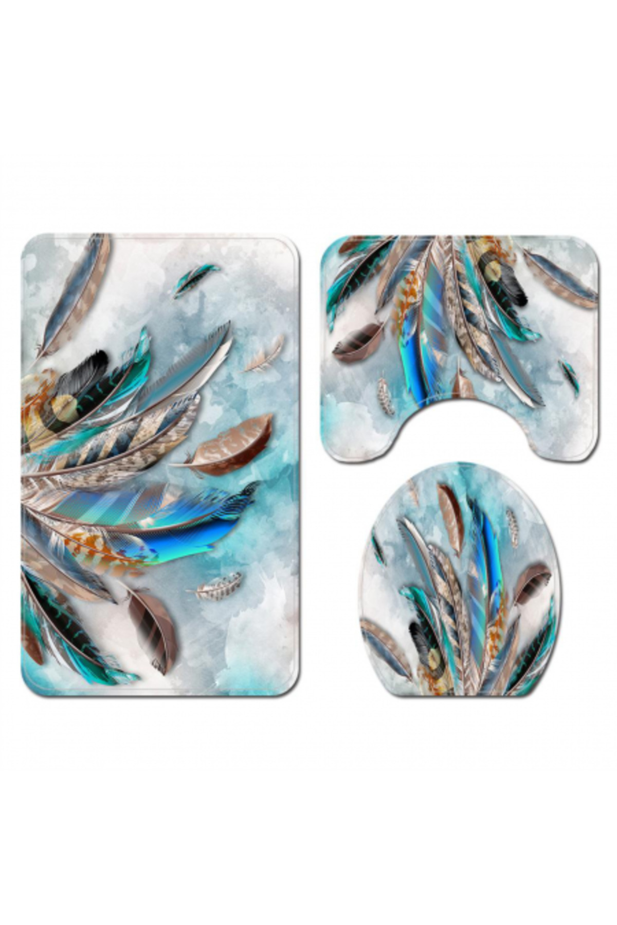 FizioTab-Set of 3 FizioTab Bath Mats, Anti-Slip, Colorful Feather Pattern 1
