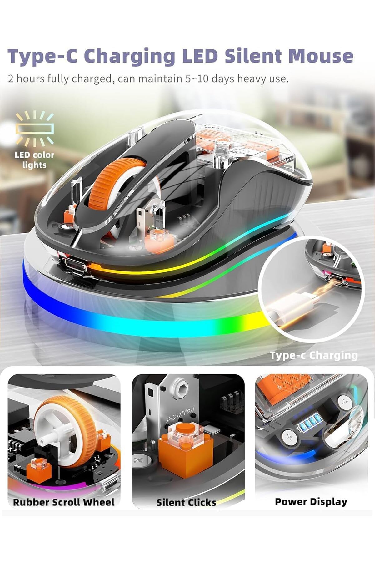 Generic-Ctoby Bluetooth Wireless Mouse, Transparent RGB Tri-Modes Mouse, Bluetooth & 2.4GHz for Multi Device 7