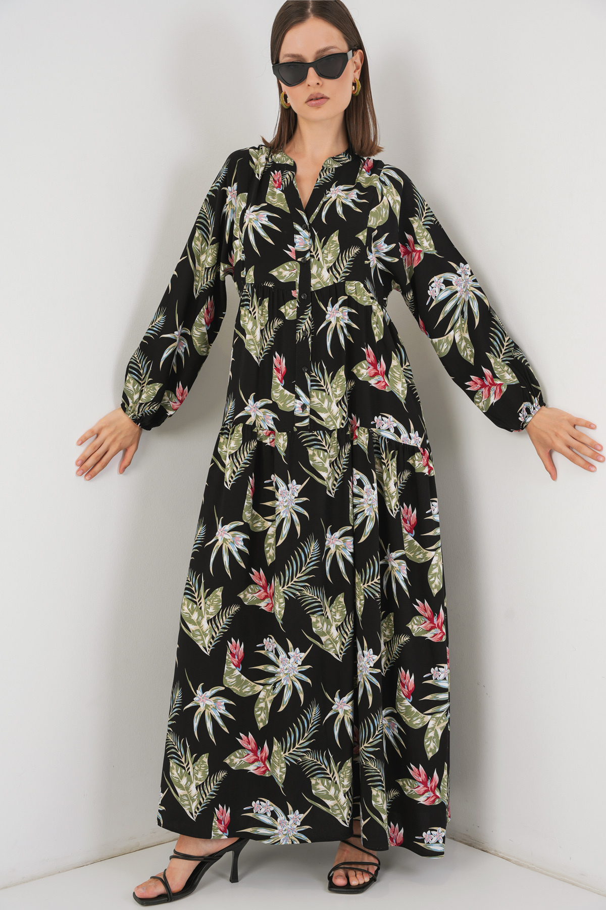 Merterium Women's Patterned Long Hijab Dress K.Black 1155