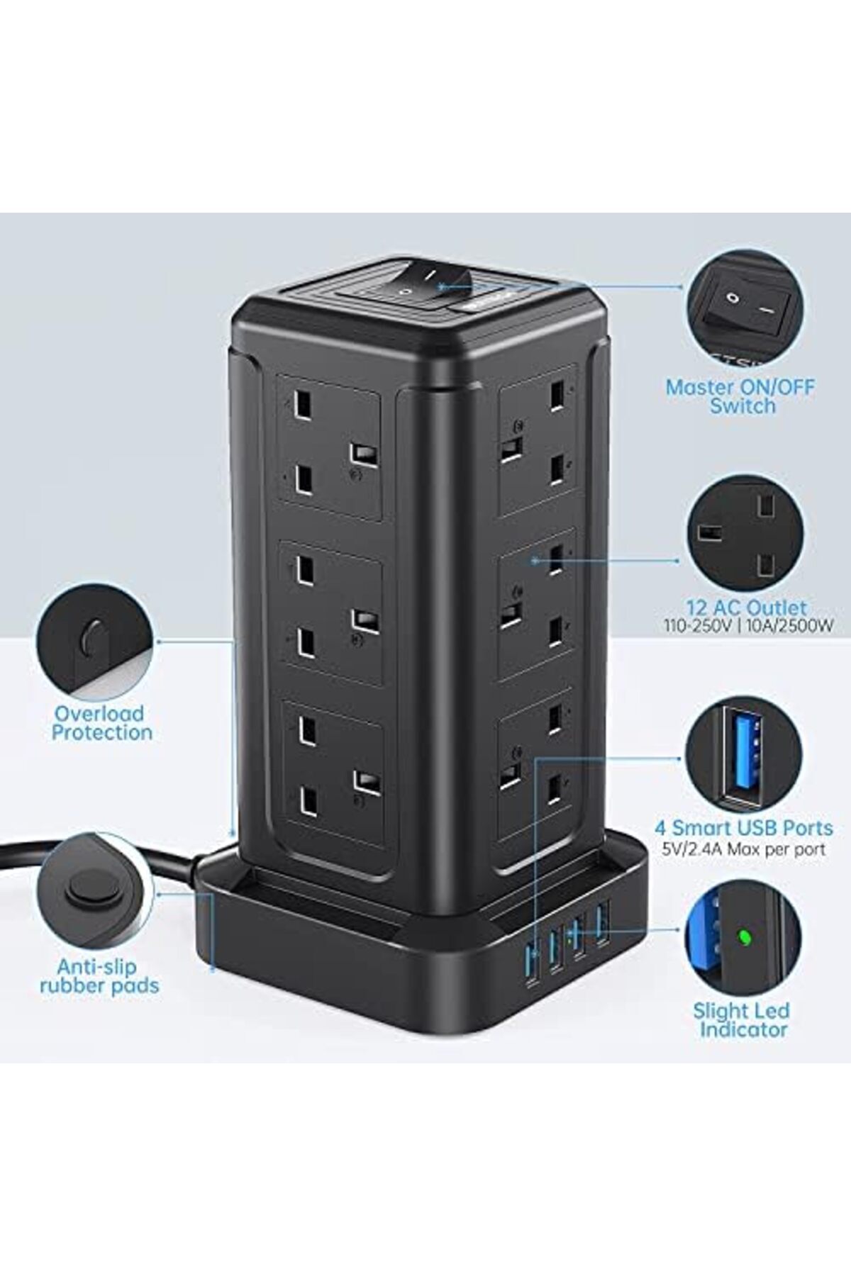 BEPITECH-Power Extension Cord Tower, 12 Power Sockets Desktop Charging Station 2500W, 4 Smart USB Sl 6