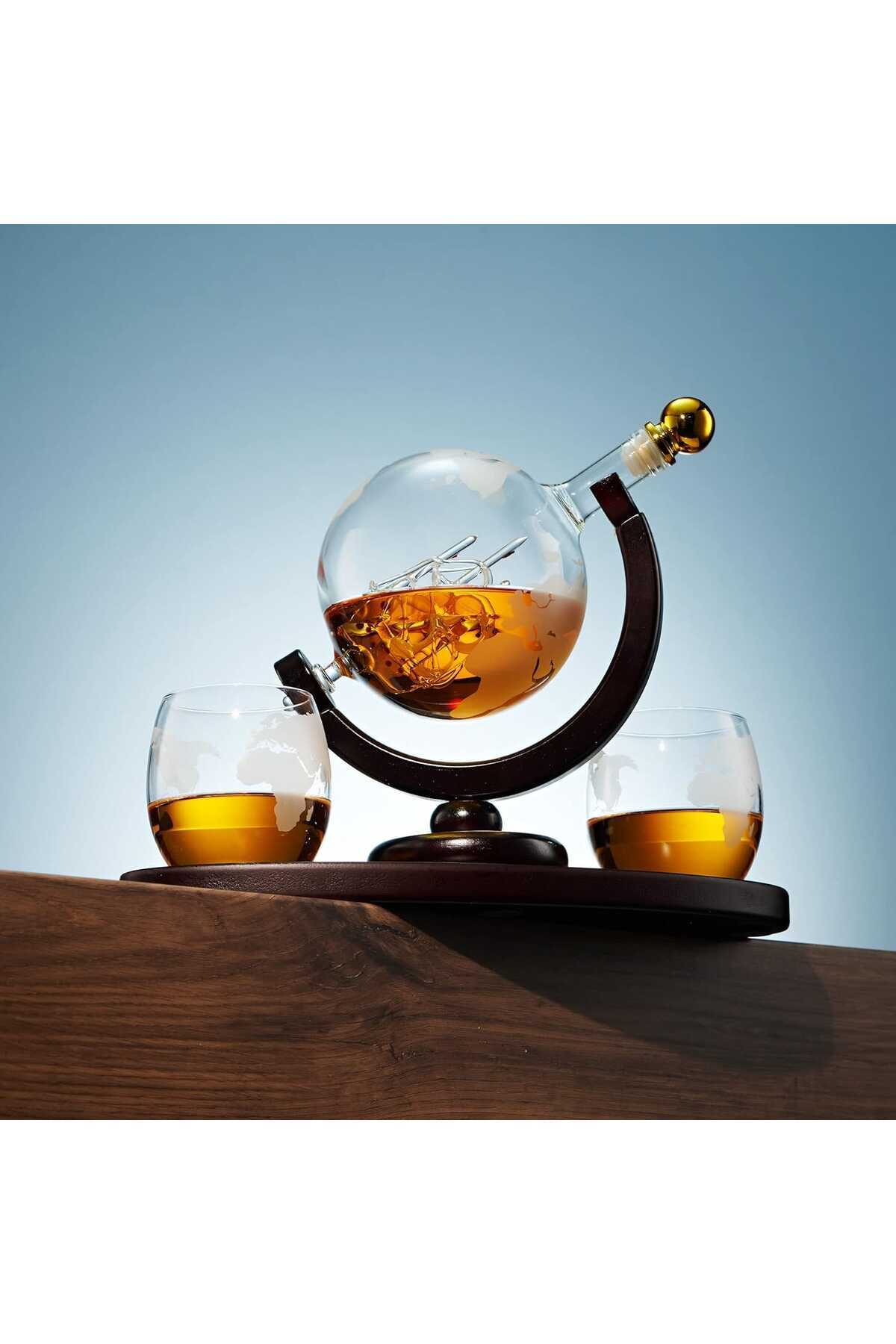 Elindor-Elegant Whiskey Globe Decanter Set with Engraved Glasses for Scotch, Volume 850 ml, Transparent 2