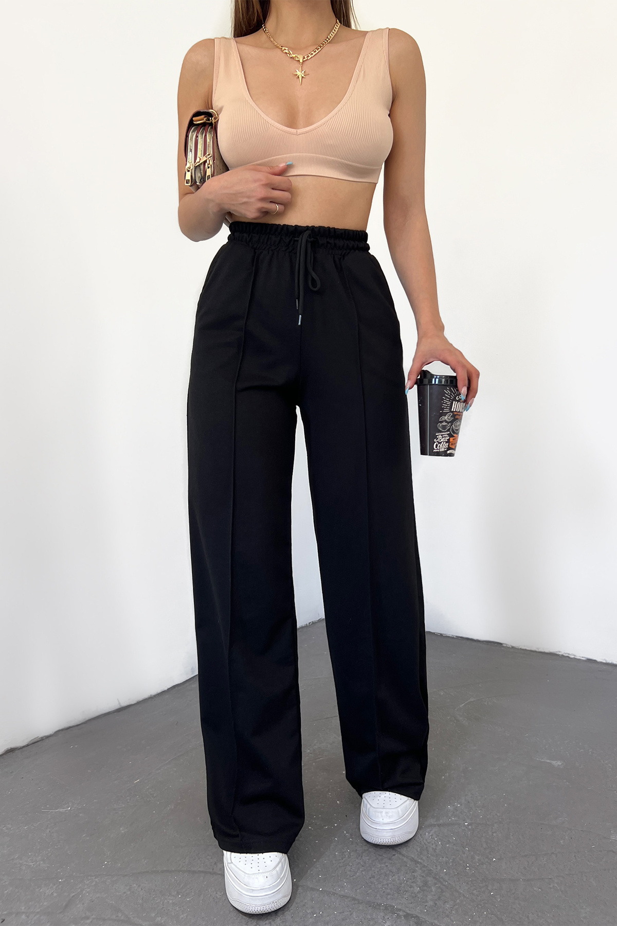 Hera Moda Dámské letní volné tepláky s vysokým pasem a širokými nohavicemi