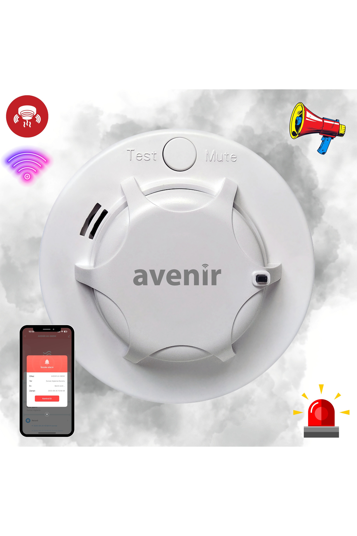 AVENİR AV-06DW Wifi Kablosuz Akıllı Duman Dedektörü Yangın Alarmı 90db Sesli Pilli