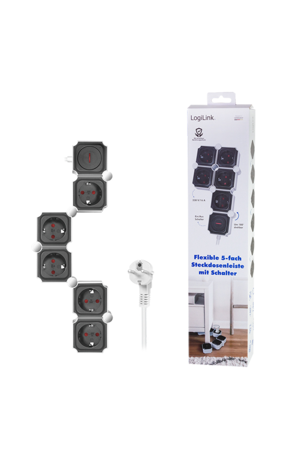 LogiLink-Power Strip LPS277, flexible 180 degrees, illuminated switch, 5 outlets, IP20, H05VV-F 3G 1 6