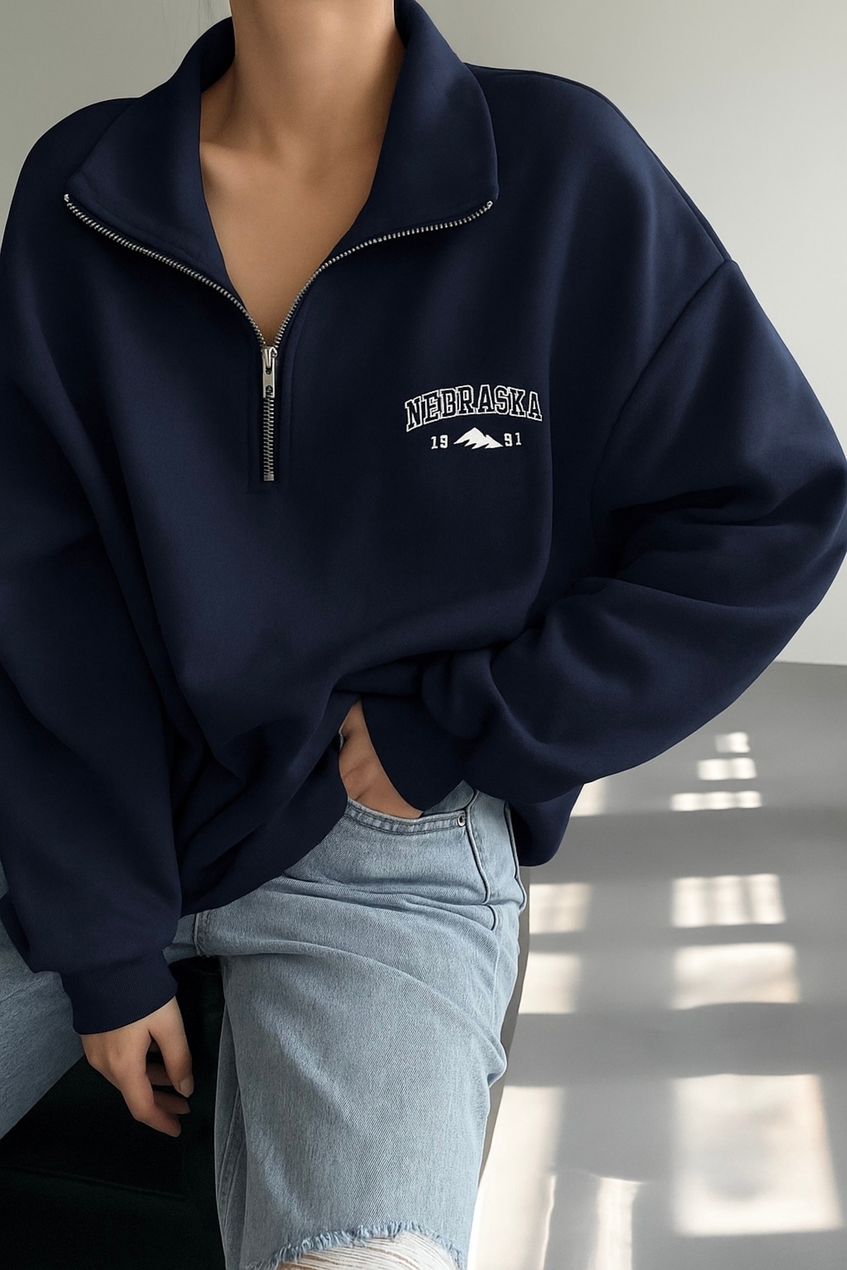 BYMEER Navy Blue Nebraska Printed Stand Collar Zippered Sweatshirt