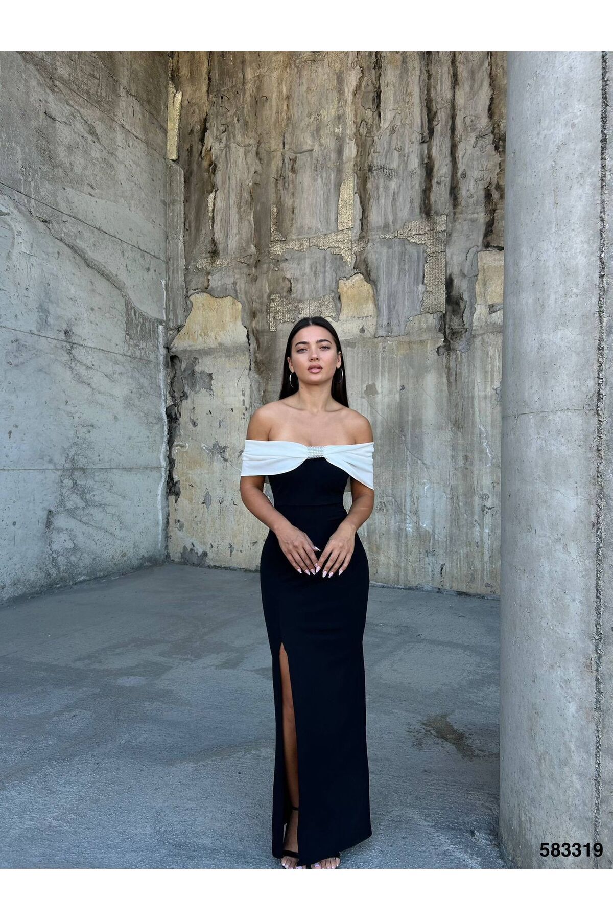 maf collection Kadın Siyah Uzun Yırtmaç Ve Ön Taş Detay Abiye Mezuniyet Elbisesi