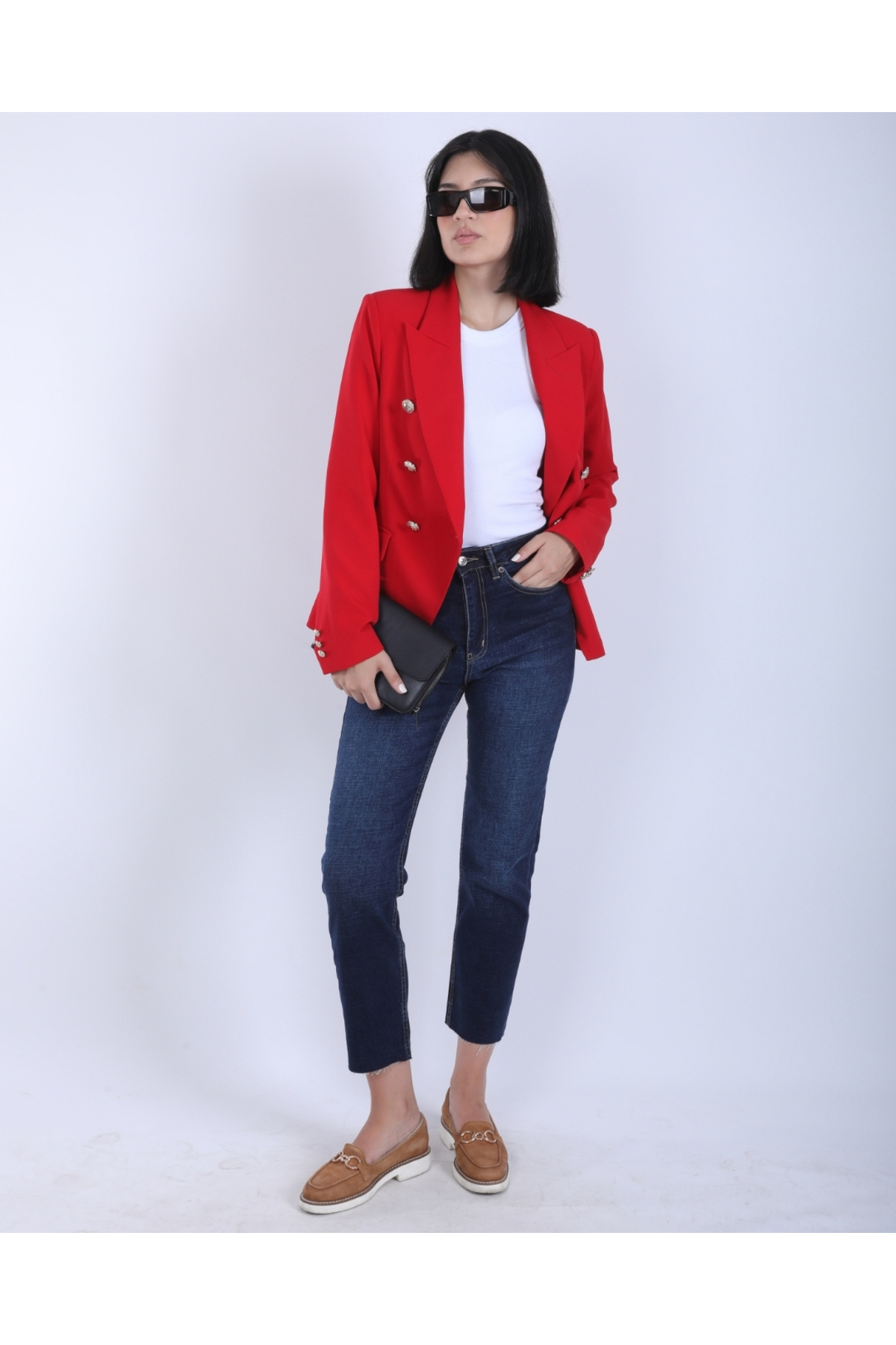 Kadın Kırmızı Kruvaze Düğmeli Premium Blazer Ceket