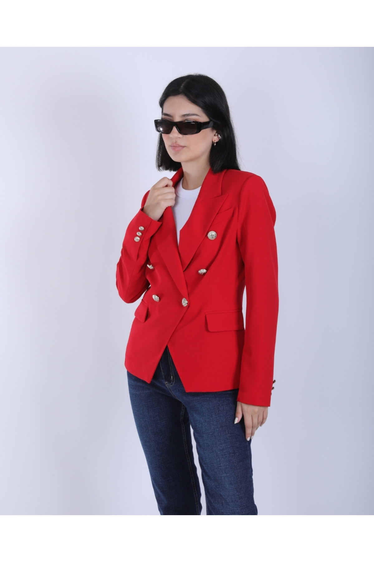 Kadın Kırmızı Kruvaze Düğmeli Premium Blazer Ceket