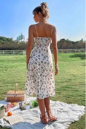 Livizmir Moda Kadın Ip Askılı Yakadan Bağcıklı Desenli Süprem Elbise