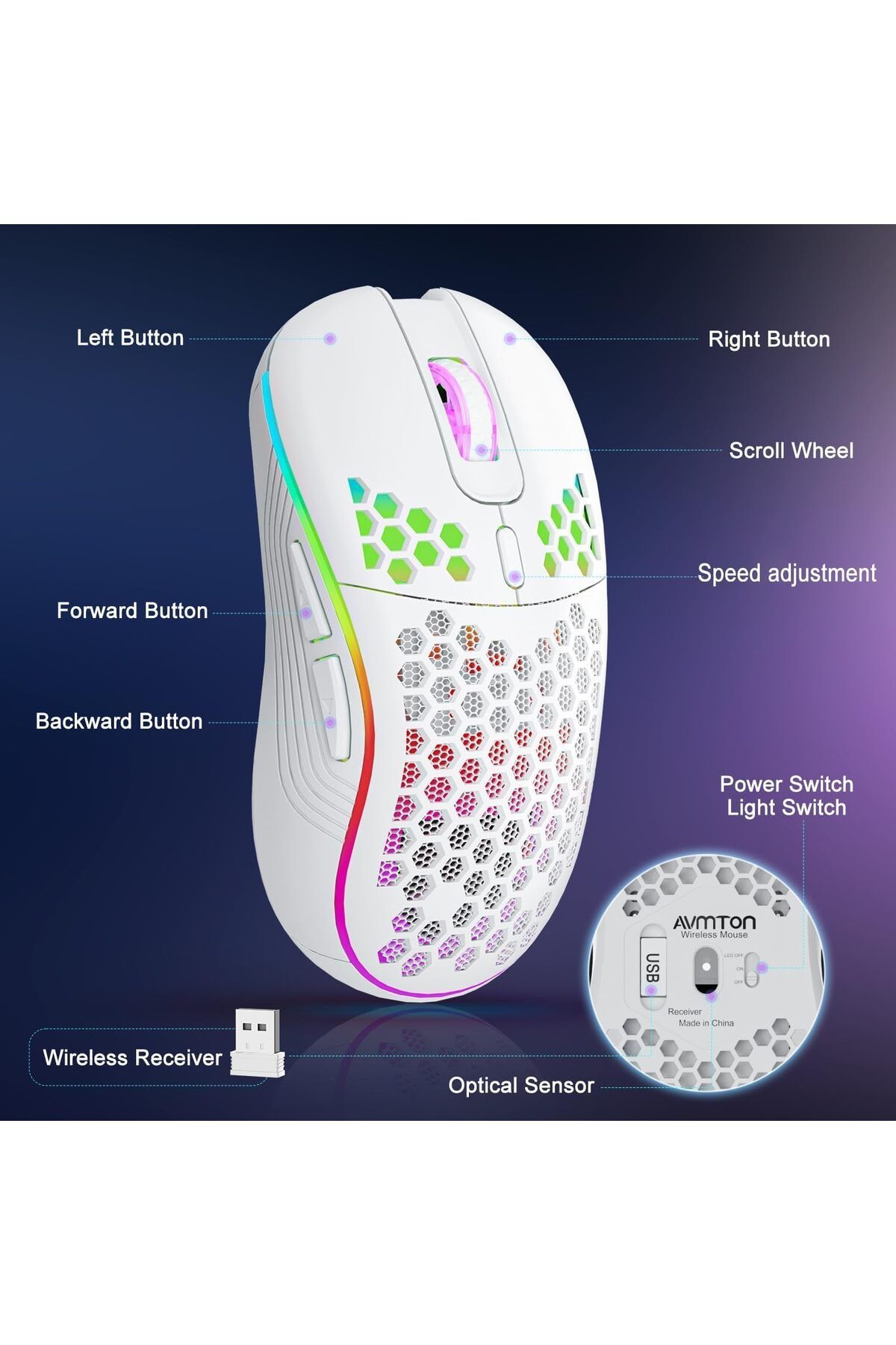 erorex-Wireless Mouse Wireless Gaming Mouse Rechargeable Pc Mouse Rgb Backlight 6 Buttons Adjustable 6