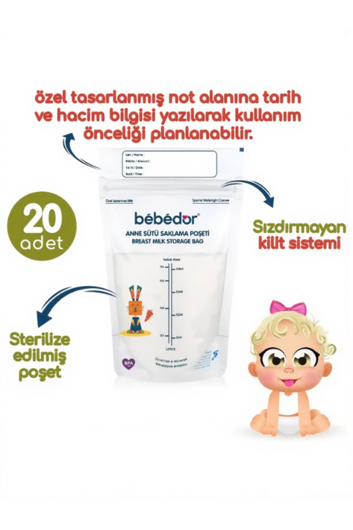Bebedor Anne Sütü Saklama Poşeti 200 ml 20LI (4 Kutu) fotoğrafı 2 (önizleme)