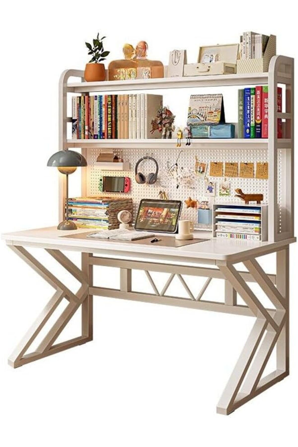 NKX-Computer Tables with Shelves for Organized Productivity White Frame with Hole Board Regular Height 1 1