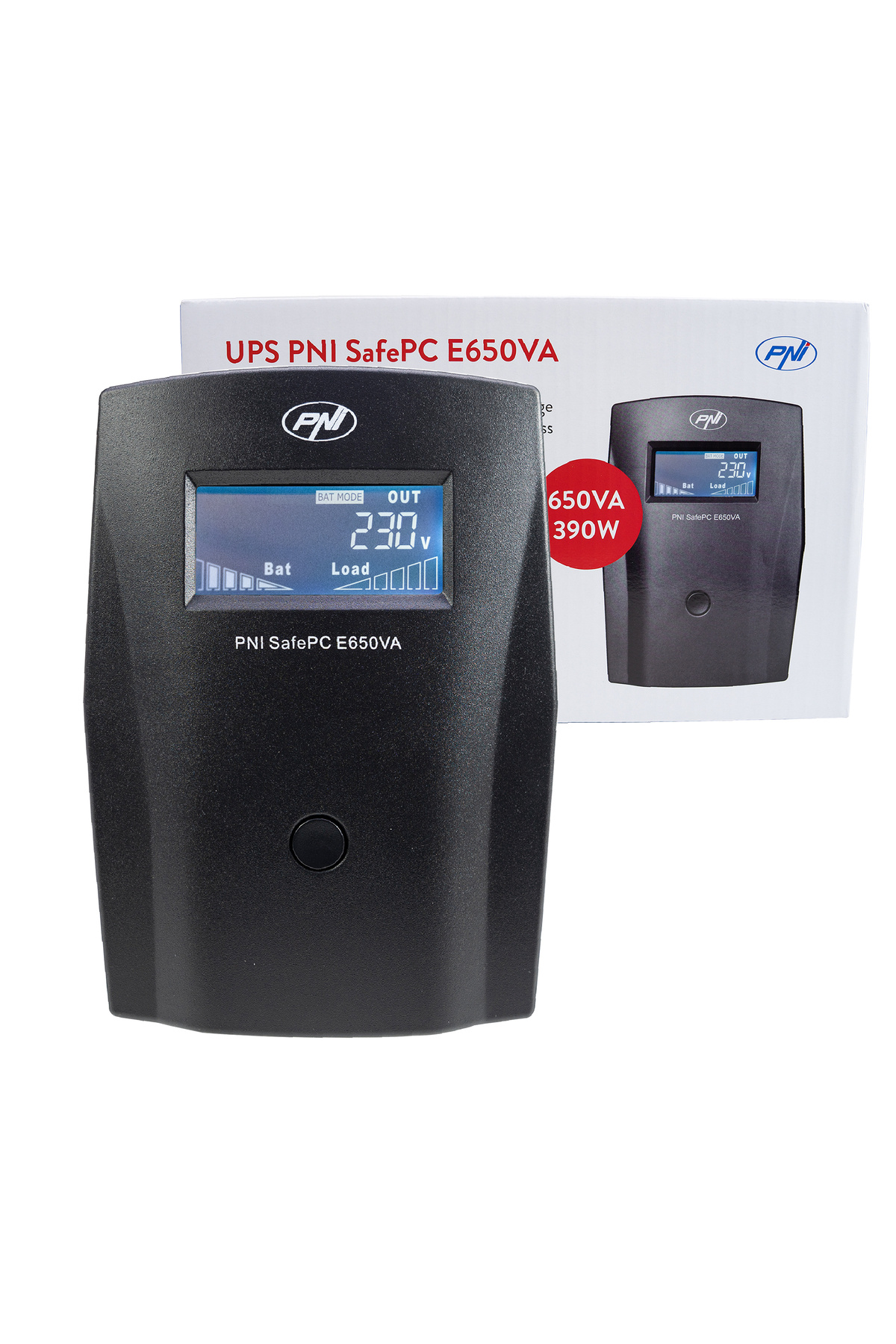 PNI-UPS SafePC E650VA, 7 Ah, 390W, 1.8A, 2 x 230V output, LCD screen 1