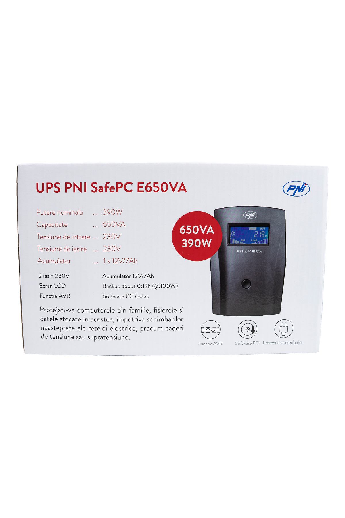 PNI-UPS SafePC E650VA, 7 Ah, 390W, 1.8A, 2 x 230V output, LCD screen 7
