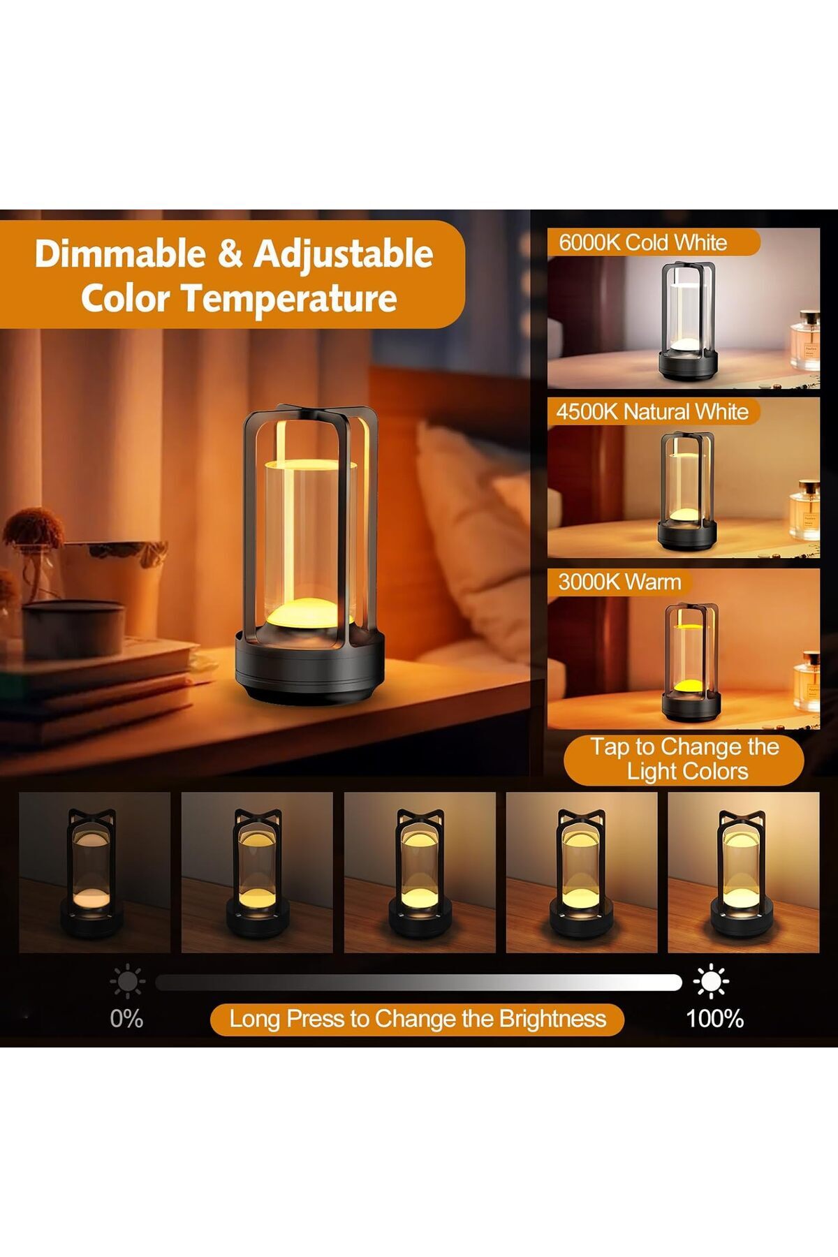 Taimi-Rechargeable Cordless LED Lamp,3-Colour Infinitely Dimming Battery Powered Small,Black 3