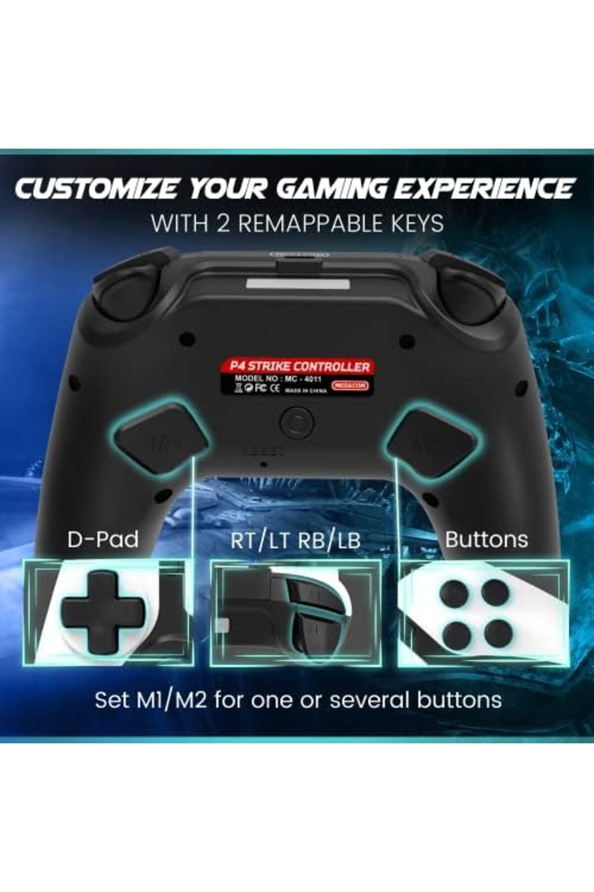 MEGACOM-P4 PC Wireless Bluetooth Controller - Gamepad with 2 Remap Keys, Rechargeable Battery, 3.5mm 8