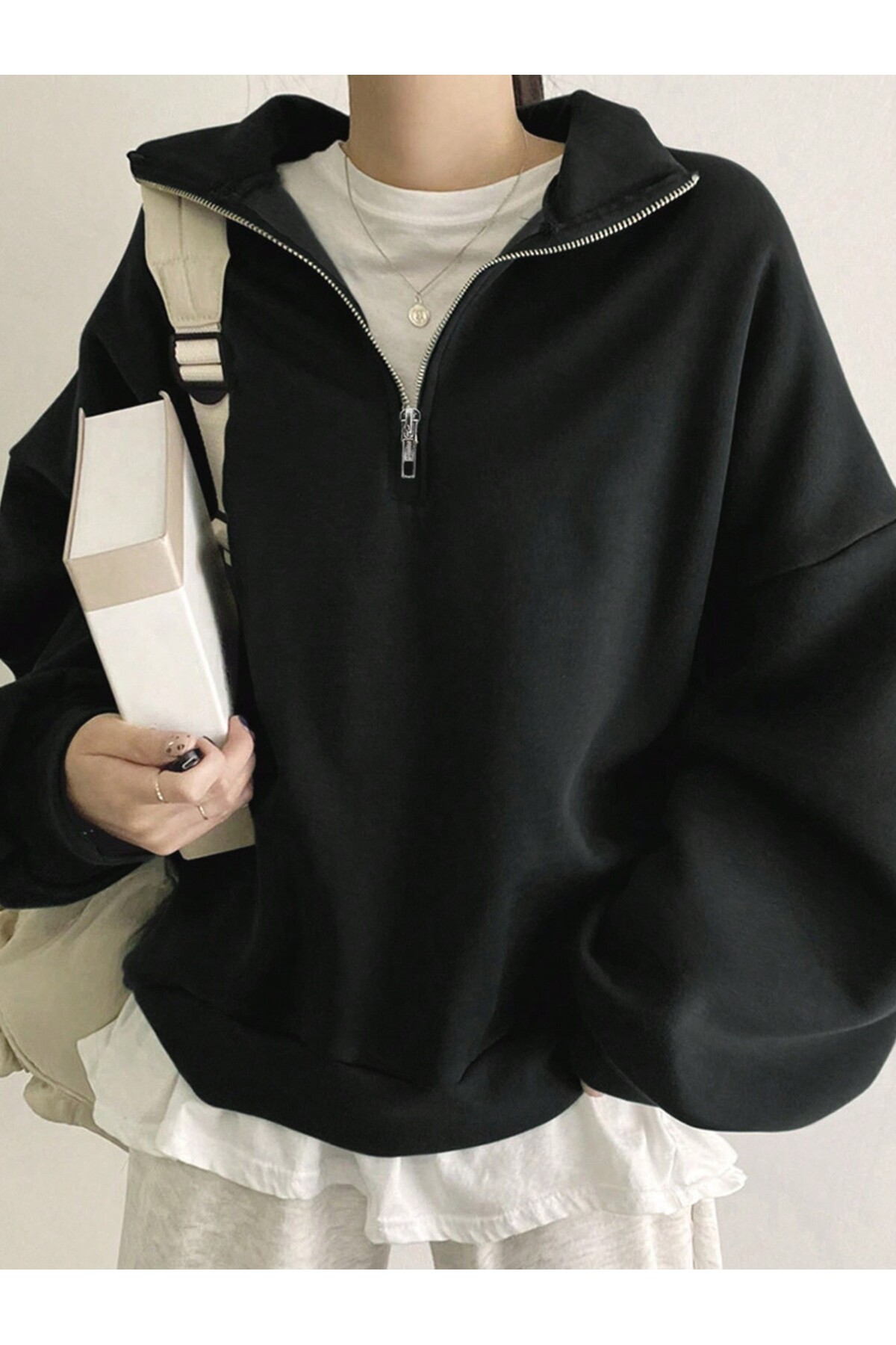 EYAX MODA Unisex Dik Yaka Yarım Fermuarlı Sweatshirt