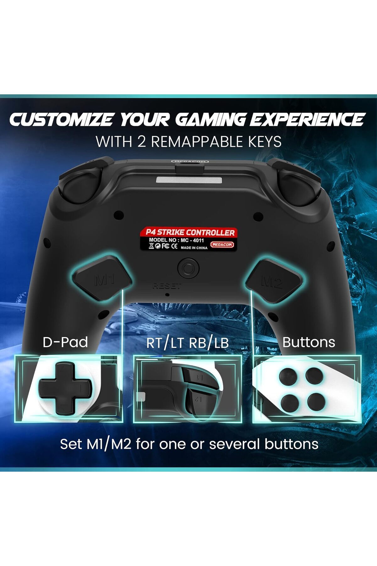 MEGACOM-P4 PC Wireless Bluetooth Controller - Gamepad with 2 Remap Keys, Rechargeable Battery, 3.5mm 7