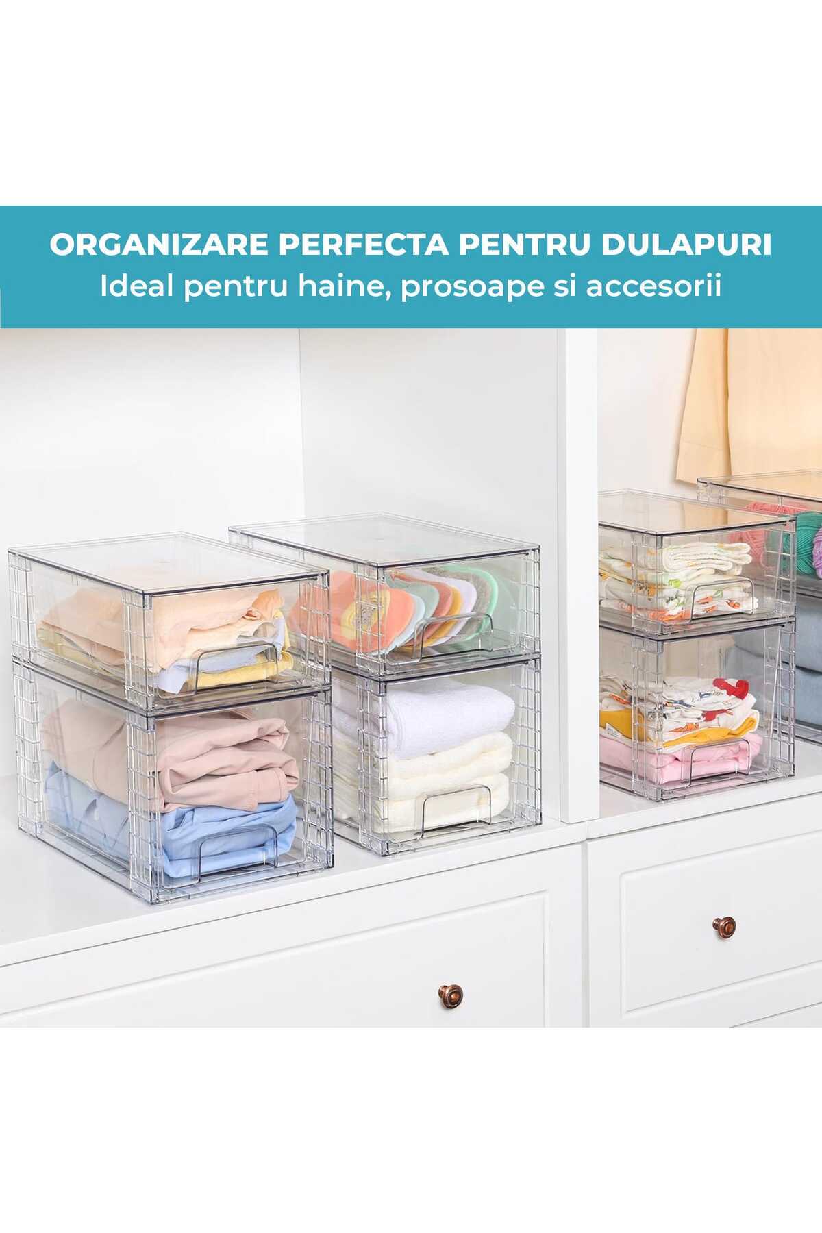 Elindor-Set of 4 Elindor® Compact Storage Boxes, Stackable and Sliding Drawers, Transparent 5
