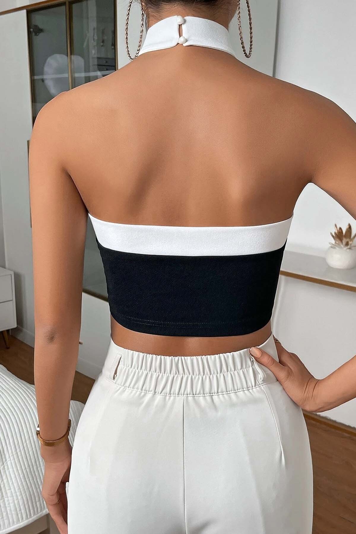 Merry See  İnci Detaylı Boyundan Bağlamalı Crop Bluz - Görsel 2