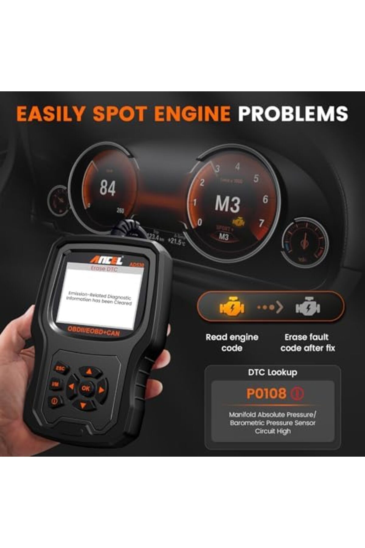 ANCEL-AD530 OBD2 Scanner with Battery Test, 2 IN 1 Automotive Code Reader Check Engine Light & All O 6