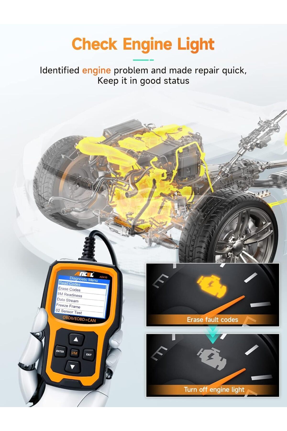 ANCEL-AD410 Enhanced OBD2 Scanner, Car Code Reader Clear Engine Light Instantly, Automotive OBD II S 5