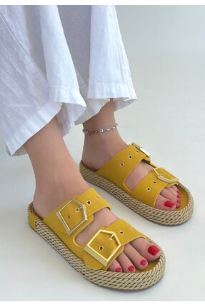 Look shoes Loera Sarı Nubuk Çift Tokalı Terlik