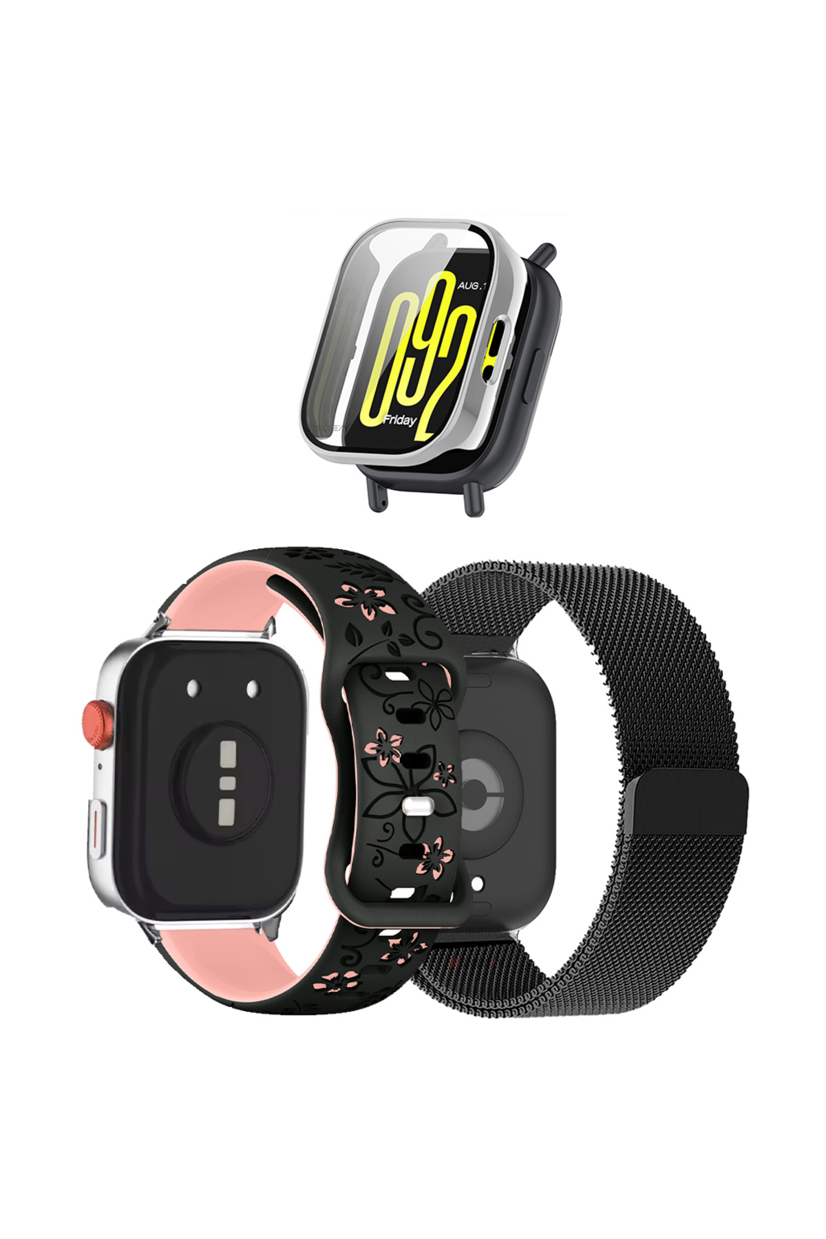 Sneezy-3-Piece Cord Protection Set Redmi Watch 5 Lite Compatible Metal Mesh, Flower Pattern Silicone and Case Protector 1