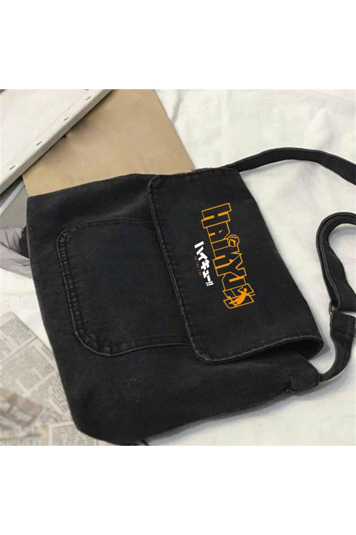1blood Haikyuu Baskılı Vintage Unisex Gri Kot Postacı Çantası görsel 2