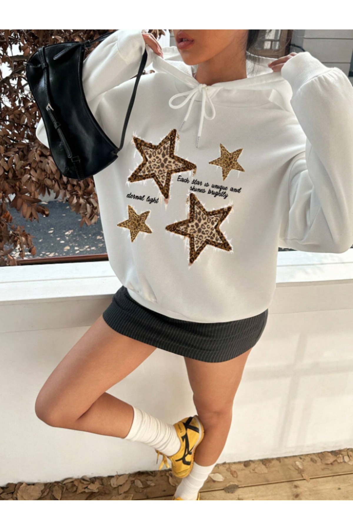 Revasser  Unisex Erkek/Kadın LEOPAR YILDIZ Renkli Özel Baskılı Pamuklu Oversize Kapüşonlu Sweatshirt - Görsel 3