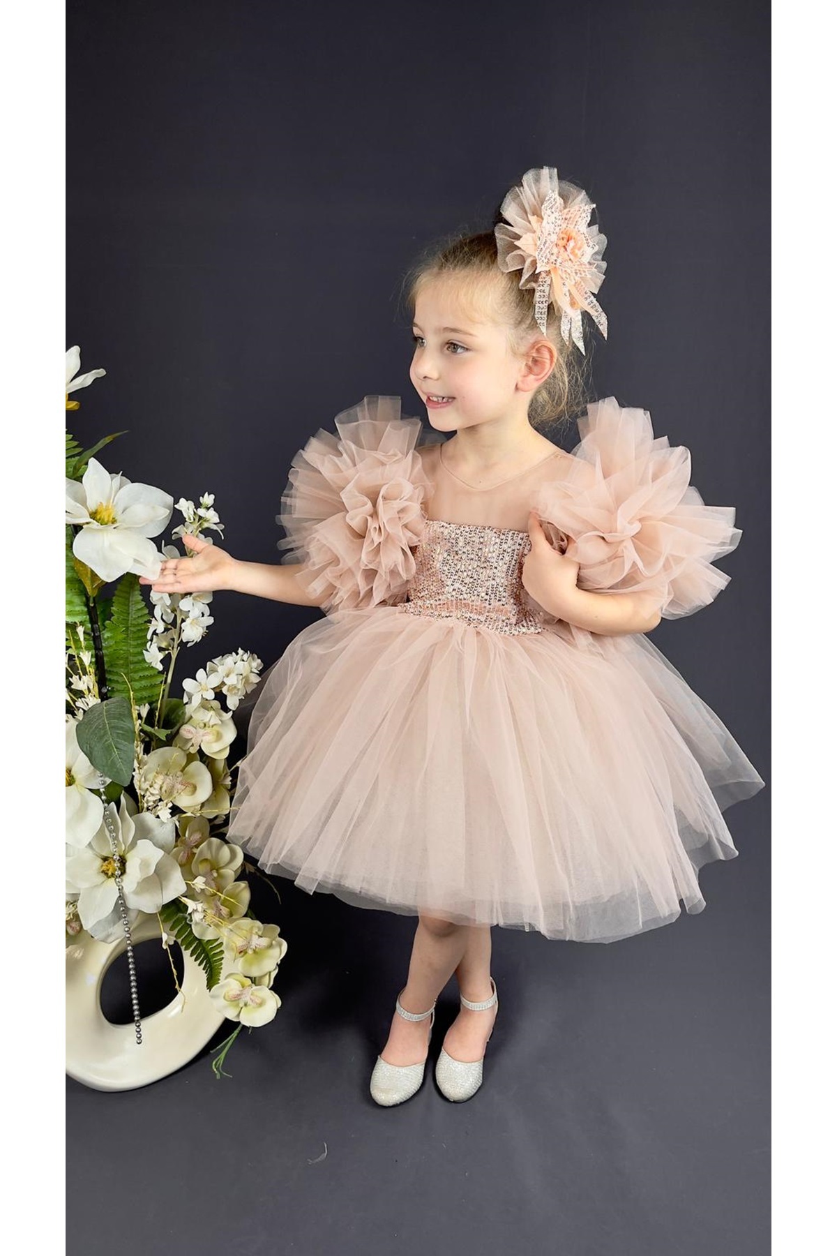 Mnk Baby&Kids Şifon Robalı Ponpon Kol Pul Payetli Kız Çocuk Kabarık Etek Tütülü Abiye PUDRA fotoğrafı 7 (önizleme)