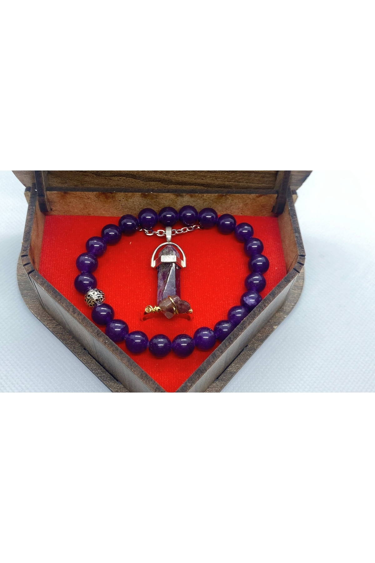 Efulim Hediyelik Doğal Ametist 3’lü Set, Kolye - Bileklik - Yüzük (AHŞAP KUTU )