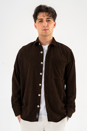 Souris Erkek Fitilli Kadife Gömlek Rahat Kalıp Tek Cepli Kahverengi