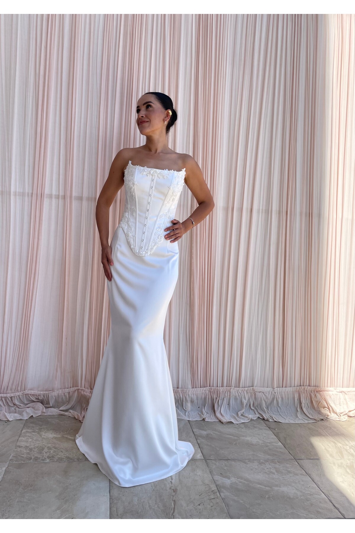 LACE DETAILED WEDDING DRESS BUSTIER & LONG SATIN SKIRT SET