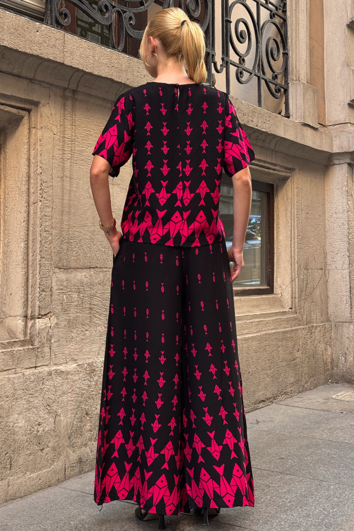 bacc-Fuchsia Crew Neck Patterned Blouse and Pants Set Bcvl-254002 6