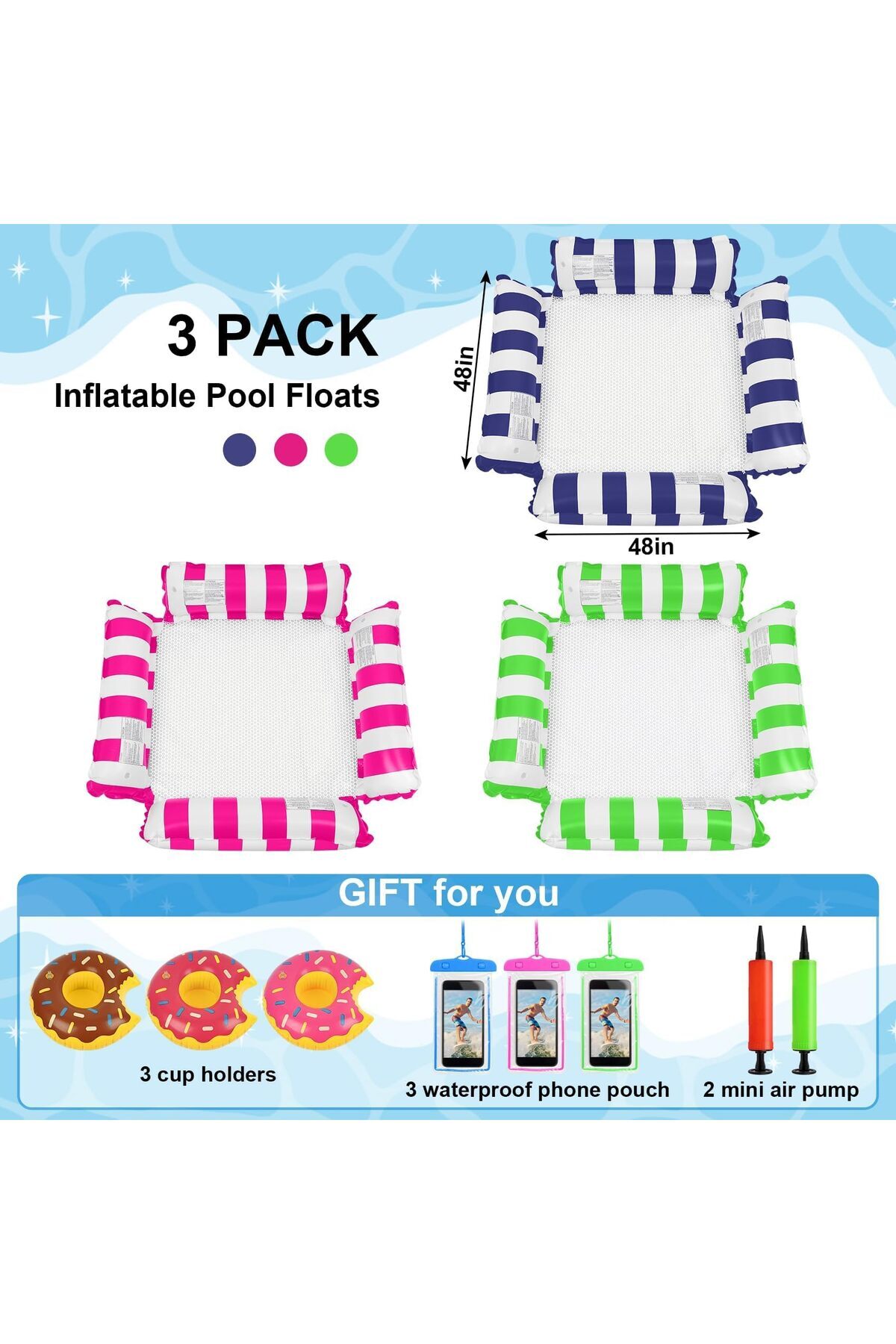erorex-3 Pack Inflatable Pool Floats Adult 4 1 Multi Purpose Pool Float Water Hammock Cup Holders Pool 3