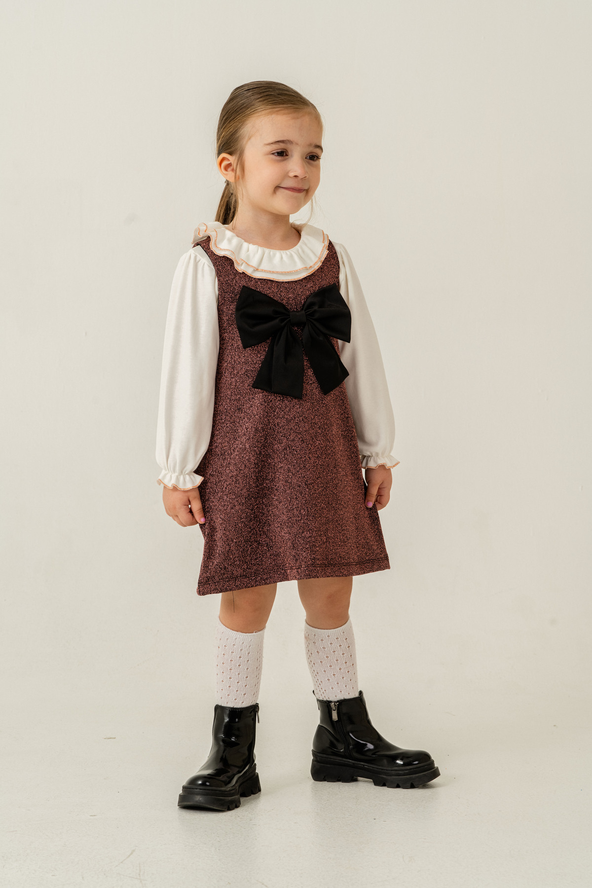 Eray Kids Kız Çocuk Fırfırlı Yaka Gömlekli Simli Jile Bayramlık Elbise 2'li Takım(2-5 Yaş) fotoğrafı 6 (önizleme)